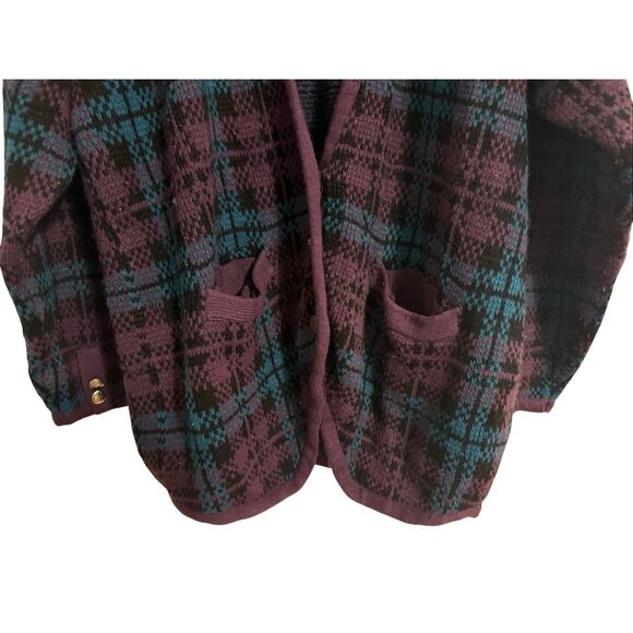 Vintage Maggie Lawrence Plaid Acrylic Purple Sweater Cardigan Oversized Small - Picture 4 of 13